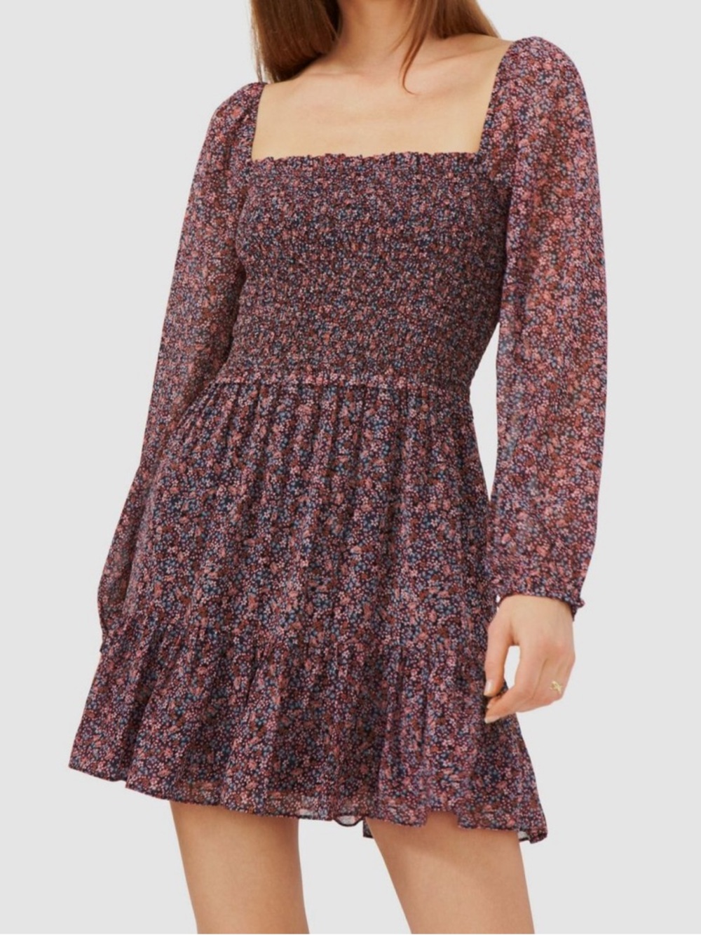 1.State Floral Mini Dress w/ Long Sleeves, Size XL
